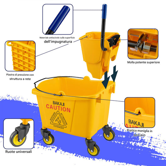 Carrello Pulizie Professionale Secchio Lavapavimenti 23 Lt per Mocio con Ruote
