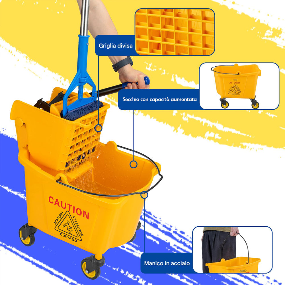 Carrello Pulizie Professionale Secchio Lavapavimenti 23 Lt per Mocio con Ruote