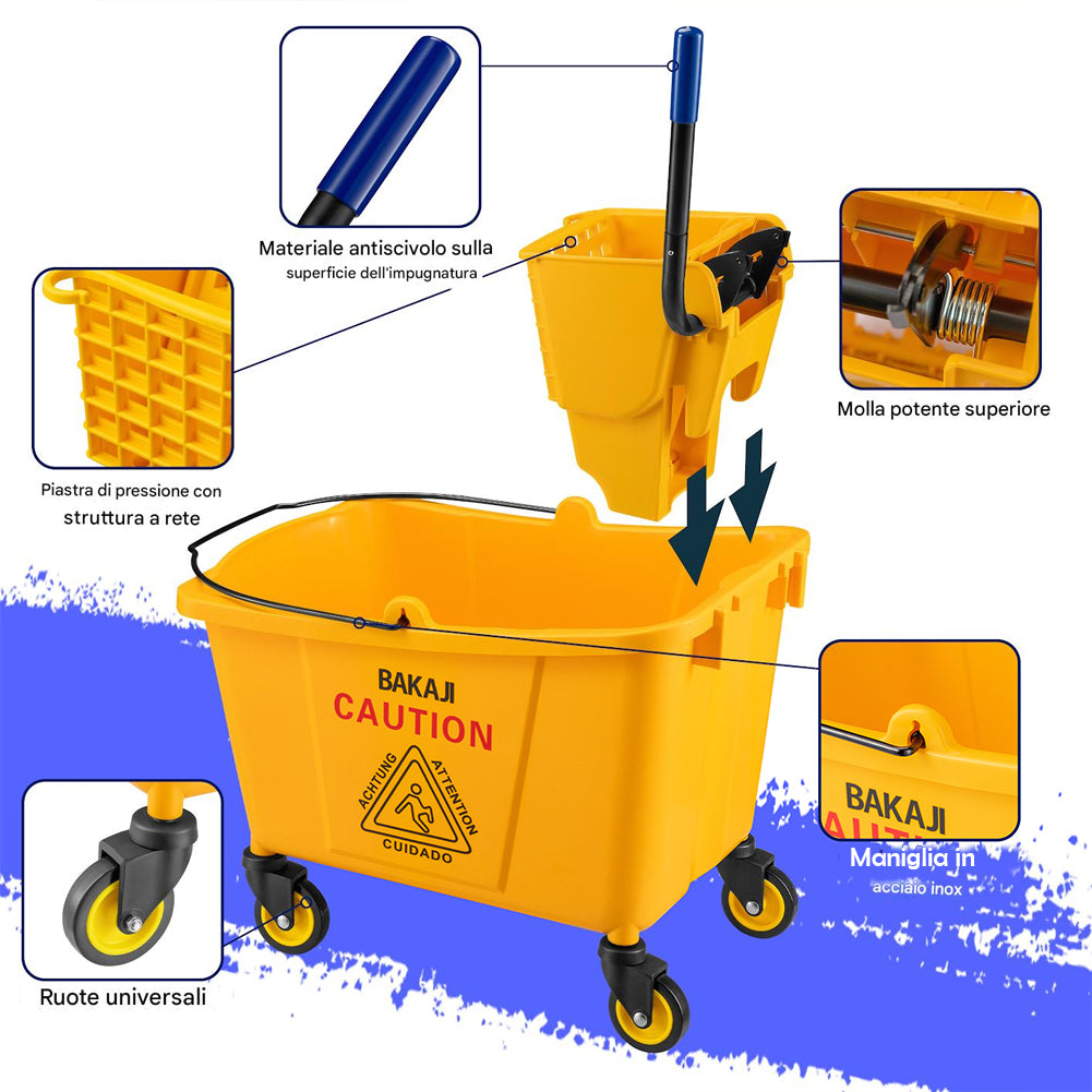 Carrello Pulizie Professionale Secchio Lavapavimenti 33 Lt per Mocio con Ruote
