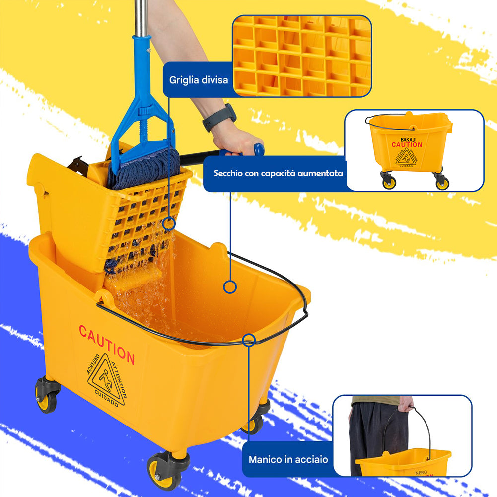 Carrello Pulizie Professionale Secchio Lavapavimenti 33 Lt per Mocio con Ruote