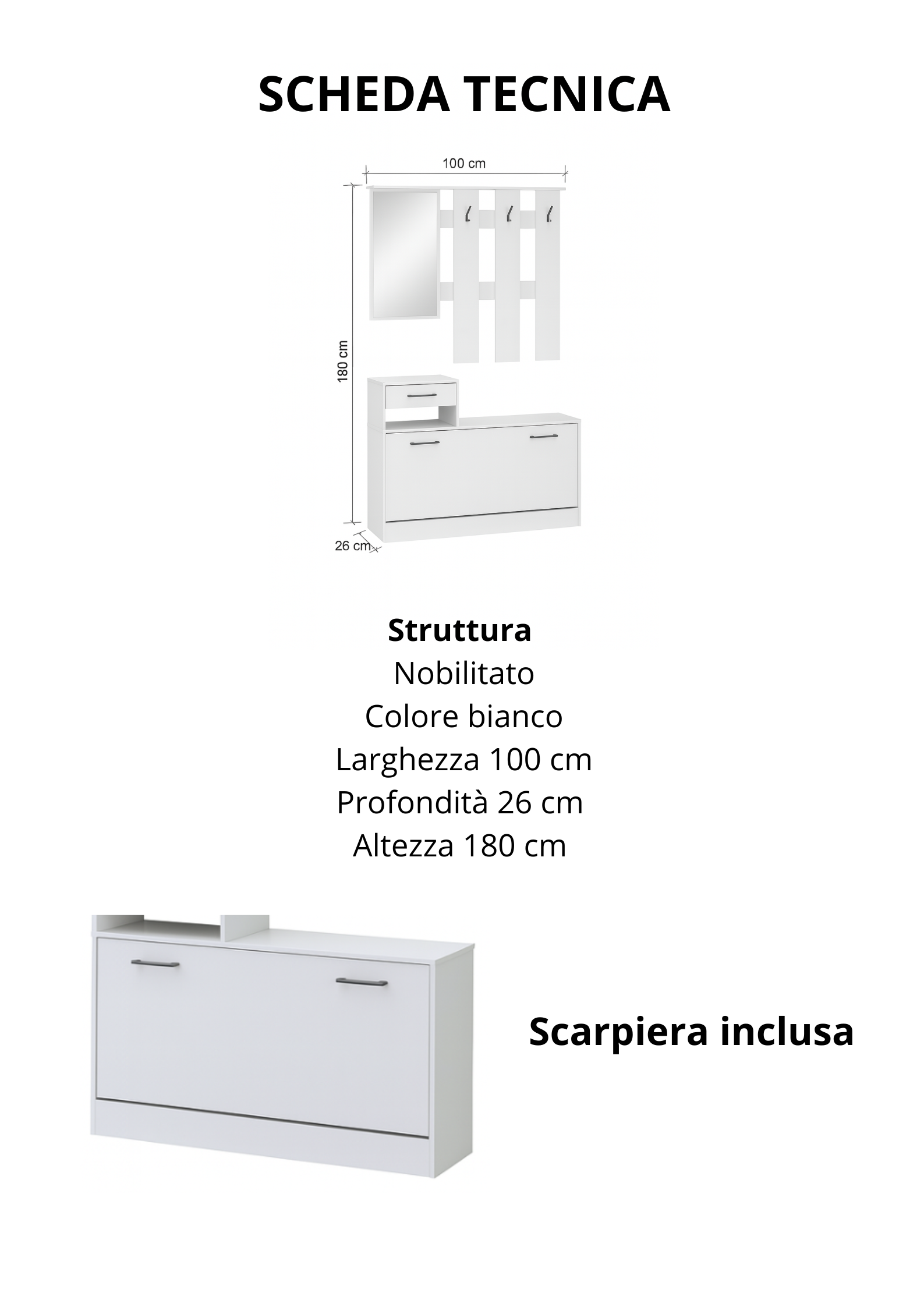 MOBILE INGRESSO RUFOLF BIANCO 100X180H CON SCARPIERA INTEGRATA