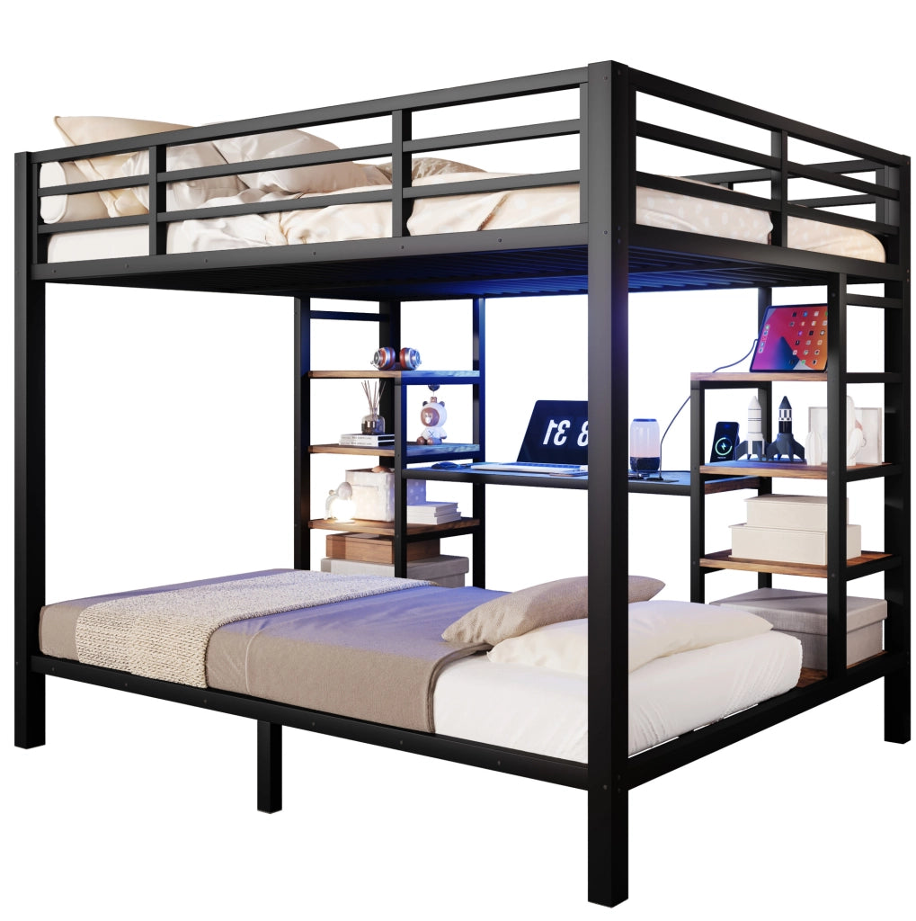 Letto a castello 90x200/140x200 cm in metallo e MDF nero con LED e ripiani –