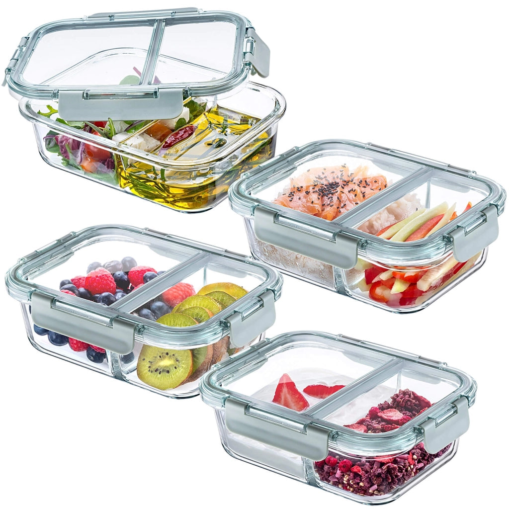 Set di 4 contenitori per alimenti in vetro KADAX da 1 litro con divisori, ideali per il pranzo.