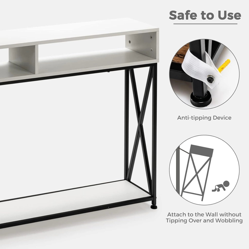 Tavolo Consolle Ingresso, Tavolini Stretto a 3 Ripiani, Salvaspazio e Multiuso, in Ferro, Industriale, Portata di 45 kg, 120x23x79cm, 3 Colori Disponibili, Nero/Bianco/Marrone