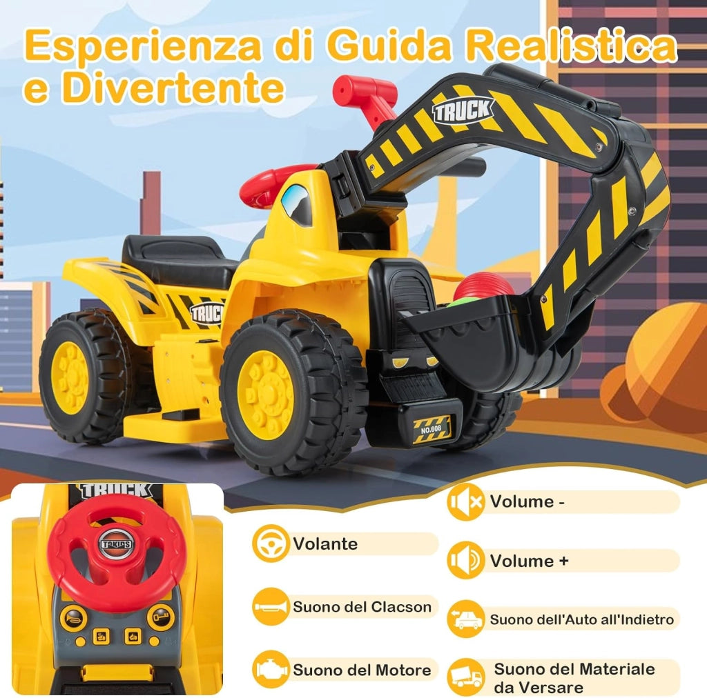 Escavatore Elettrico per Bambini, Ruspa con Vano Clacson ed Effetti Sonori, Canestro da Basket Pieghevole e 3 Palline, Giocattolo per Scavare per Bambini 2 Anni +