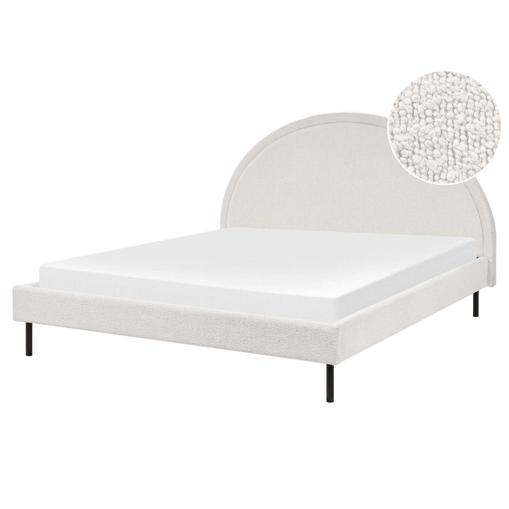 Letto matrimoniale in poliestere bouclè bianco imbottito con base a doghe e testiera rotonda 160 x 200 cm minimalista retrò