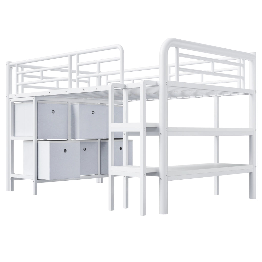 Letto rialzato per bambini 90x200 cm in metallo con cassetti; bianco e rosa
