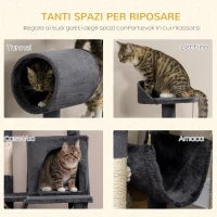 Albero per Gatti con Tiragraffi per Gatti, Casetta per Gatti, Amaca, Letto, Tunnel e Pallina, 48x48 x125 cm, Grigio Scuro