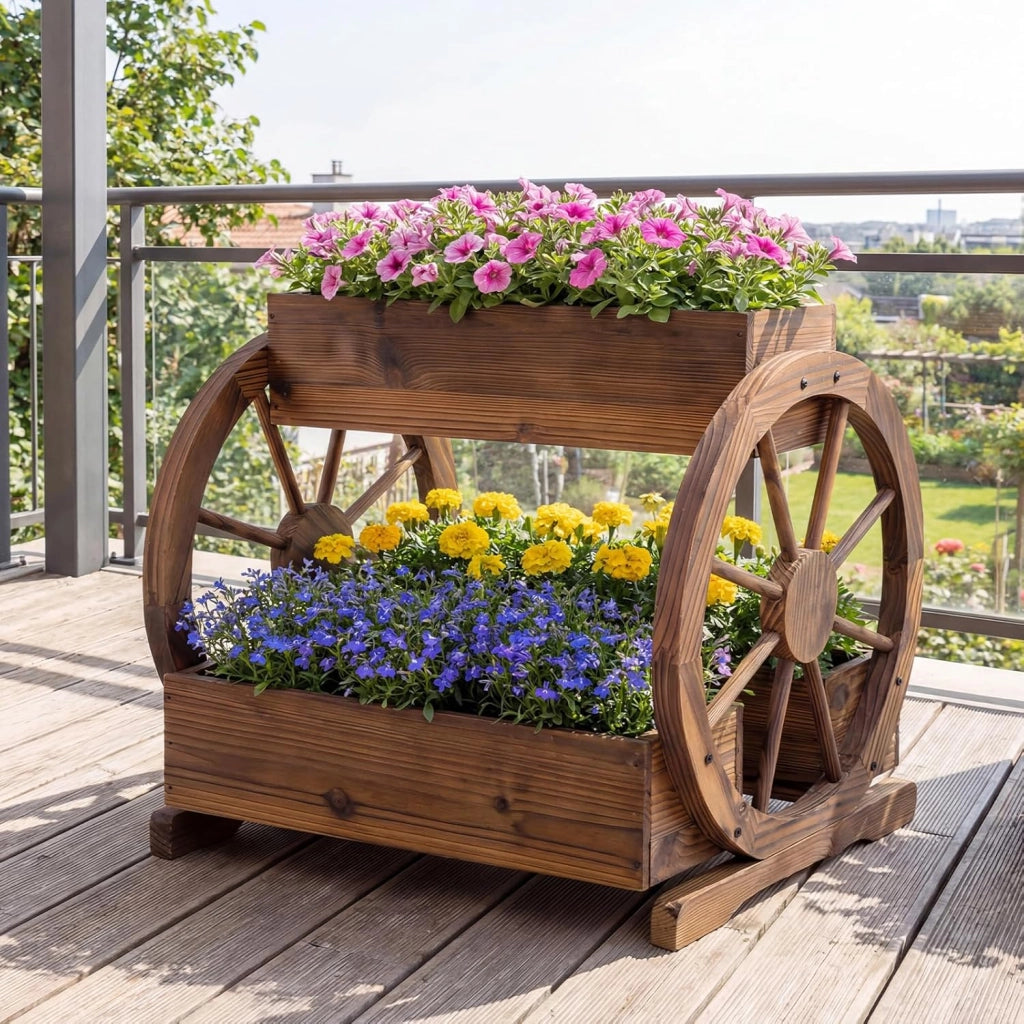 Fioriera a Carro in Legno, Letto da Giardino Rialzato a 2 Livelli con 3 Scatole, Fori di Drenaggio e Ruote, Carrello Decorativo per Fiori da Interno ed Esterno per Patio e Balcone