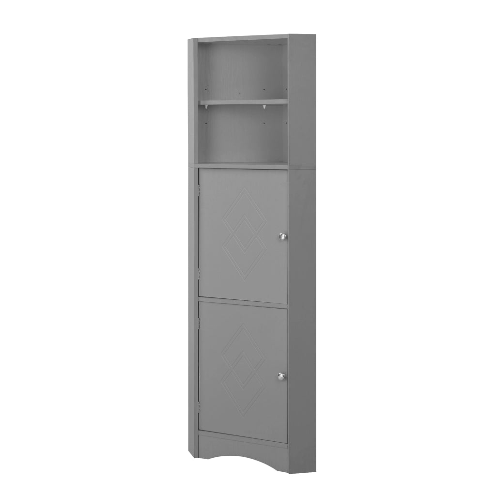 Mobiletto angolare da bagno con vani aperti e ante decorate; grigio