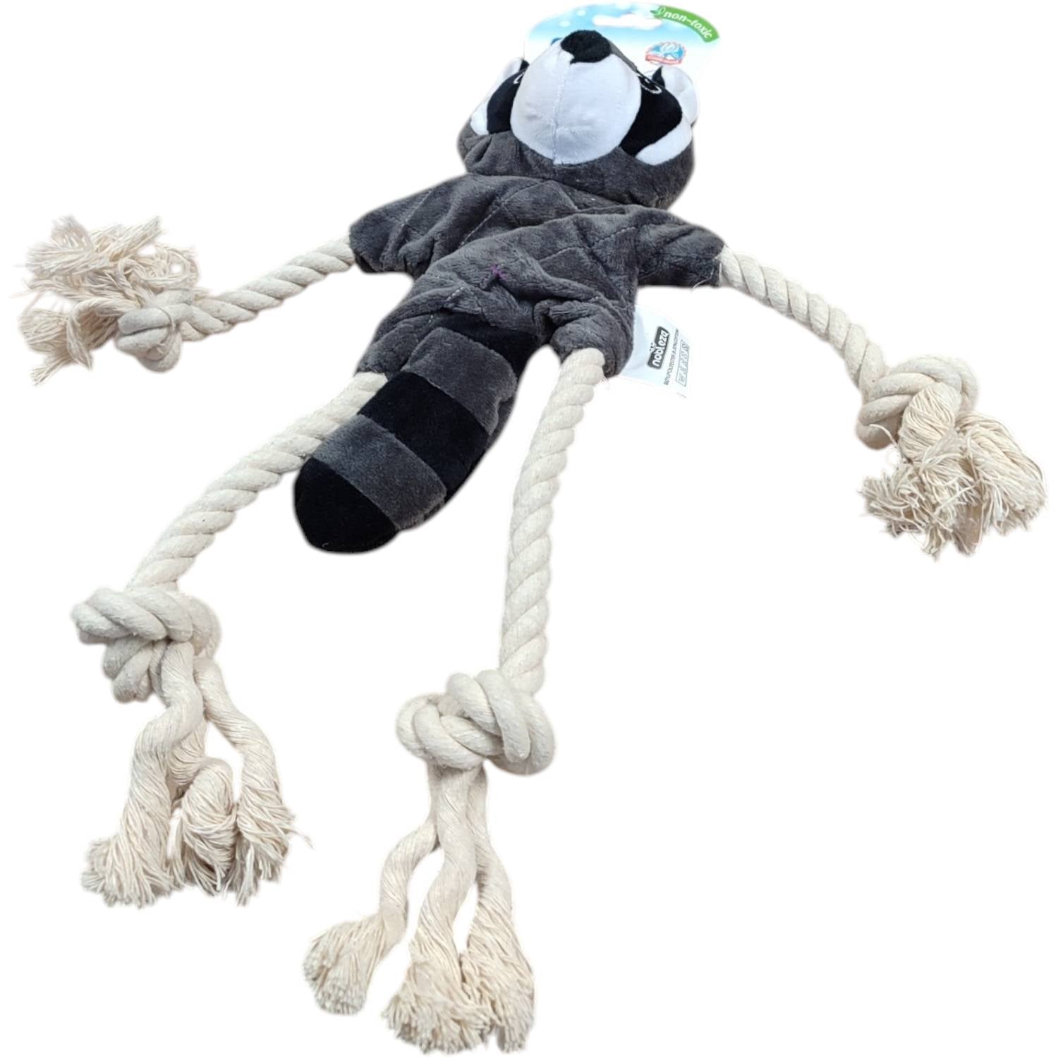 Gioco per cani procione di peluche sonoro con corda