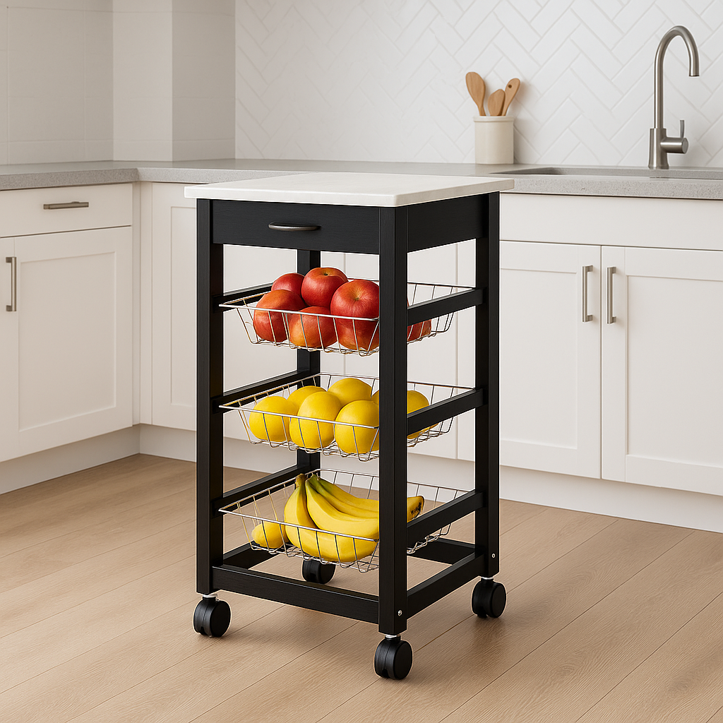 Carrello Cucina Legno 3 Cestelli Acciaio Top Effetto Marmo 1 Cassetto Salvaspazio