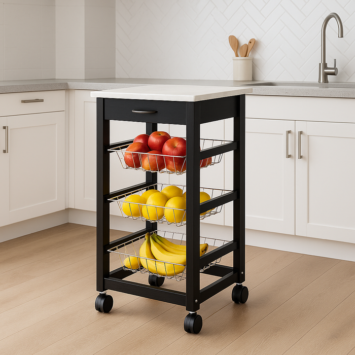 Carrello Cucina Legno 3 Cestelli Acciaio Top Effetto Marmo 1 Cassetto Salvaspazio