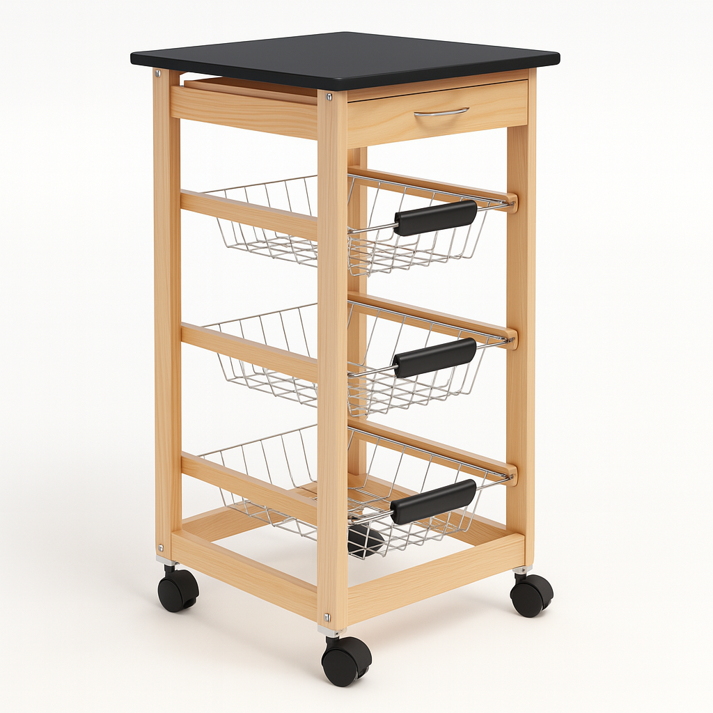 Carrello Cucina Legno 3 Cestelli Acciaio Top Nero 1 Cassetto Salvaspazio Noce Naturale