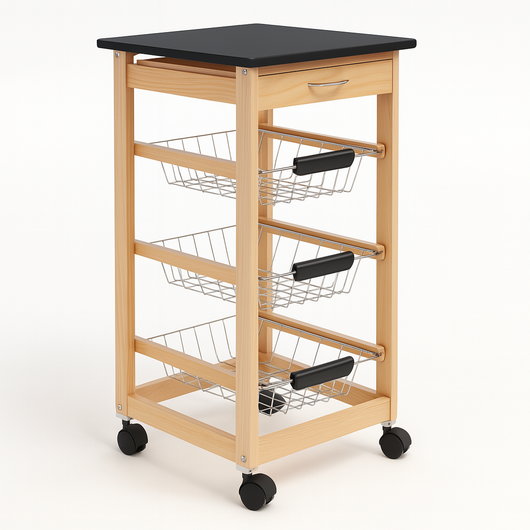 Carrello Cucina Legno 3 Cestelli Acciaio Top Nero 1 Cassetto Salvaspazio Noce Naturale