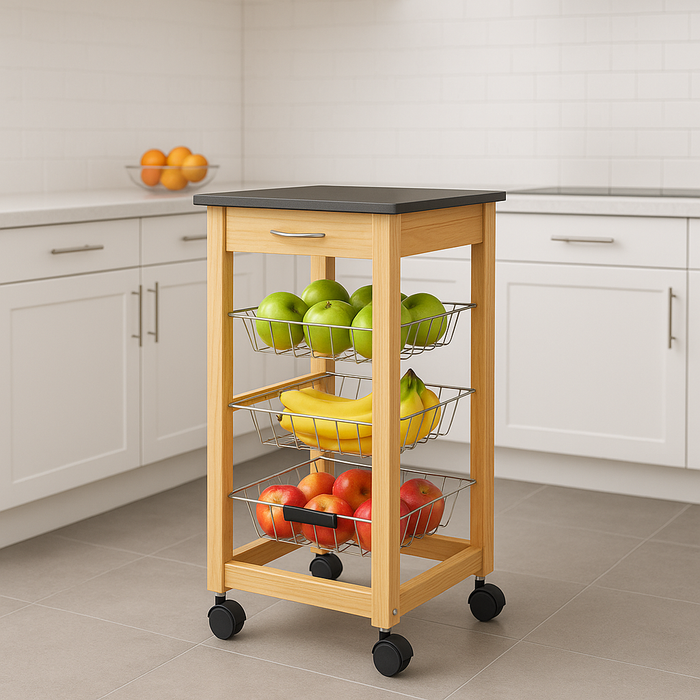 Carrello Cucina Legno 3 Cestelli Acciaio Top Nero 1 Cassetto Salvaspazio Noce Naturale