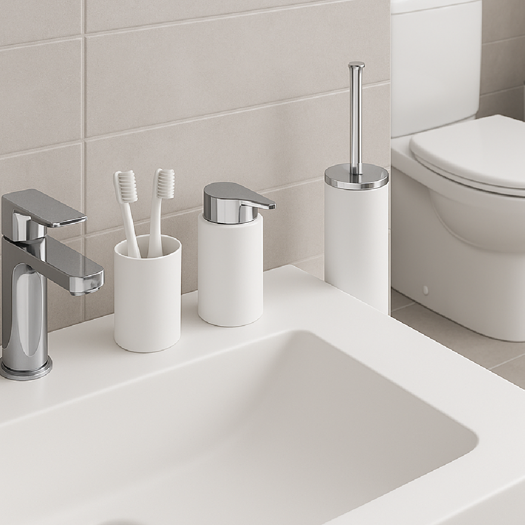 kit Accessori Bagno 3 pezzi Plastica Abs Bianco Silver Design Moderno Resistente