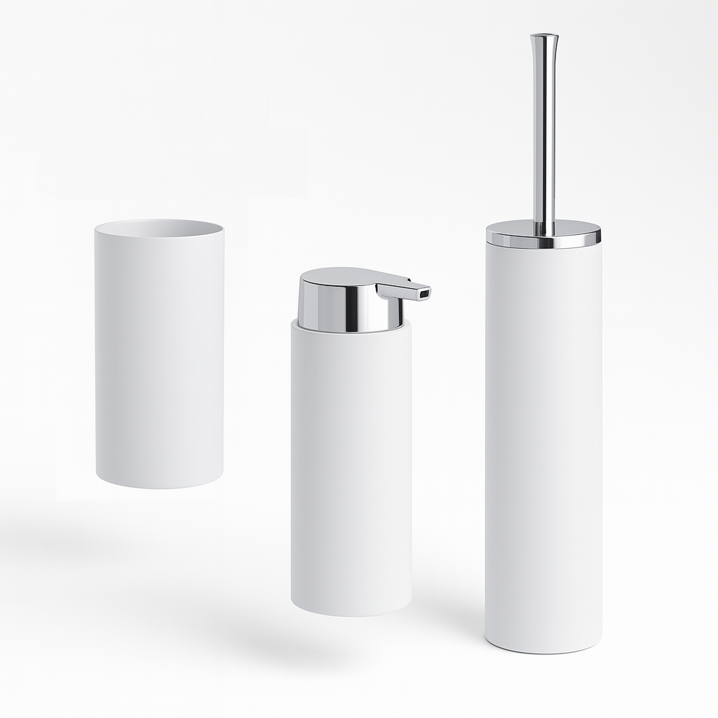 kit Accessori Bagno 3 pezzi Plastica Abs Bianco Silver Design Moderno Resistente