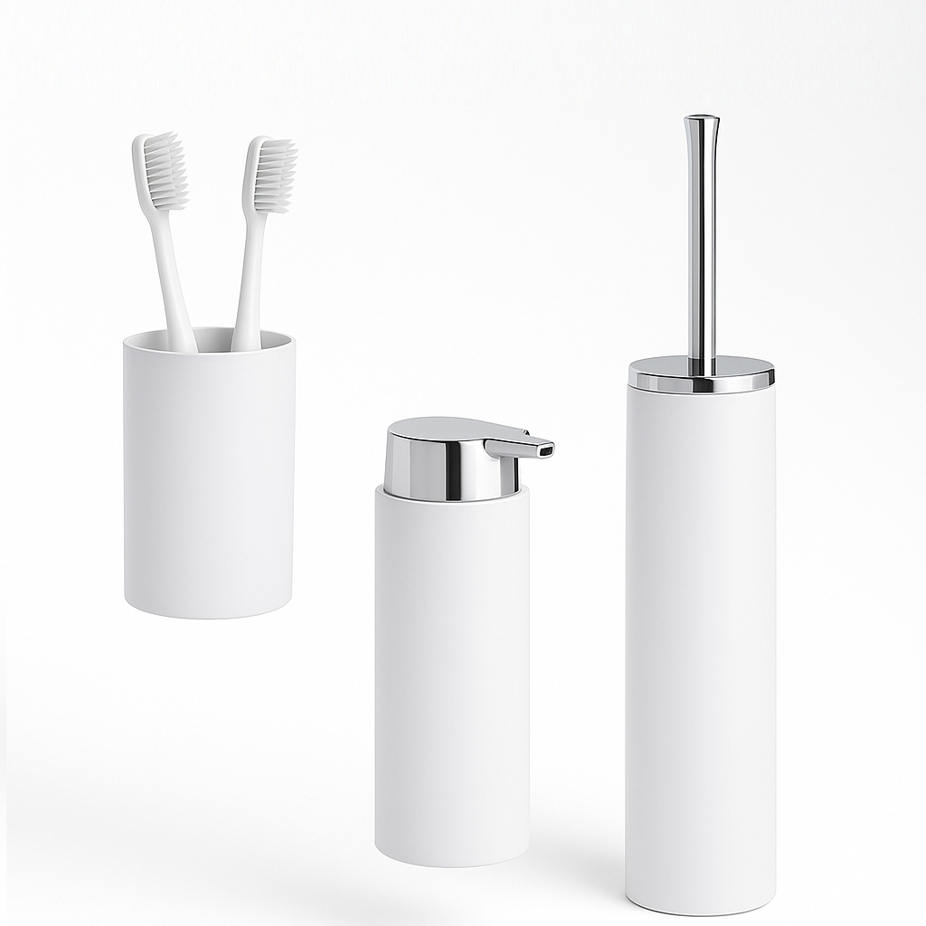 kit Accessori Bagno 3 pezzi Plastica Abs Bianco Silver Design Moderno Resistente