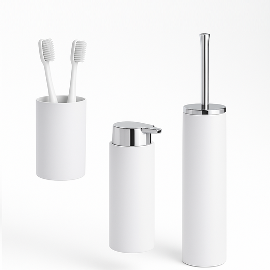 kit Accessori Bagno 3 pezzi Plastica Abs Bianco Silver Design Moderno Resistente