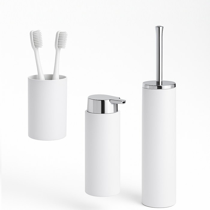 kit Accessori Bagno 3 pezzi Plastica Abs Bianco Silver Design Moderno Resistente