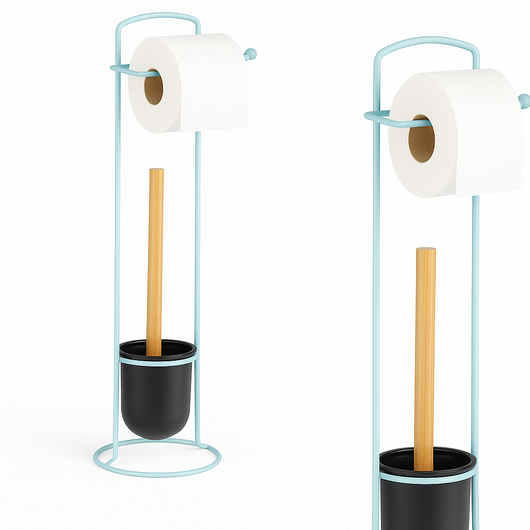 Piantana da Bagno Porta Rotolo Porta Scopino Metallo Blu con bambù Salvaspazio