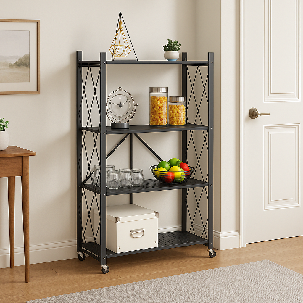 Carrello Portaoggetti Pieghevole 4 Ripiani Salvaspazio in Metallo 4 Ruote Nero