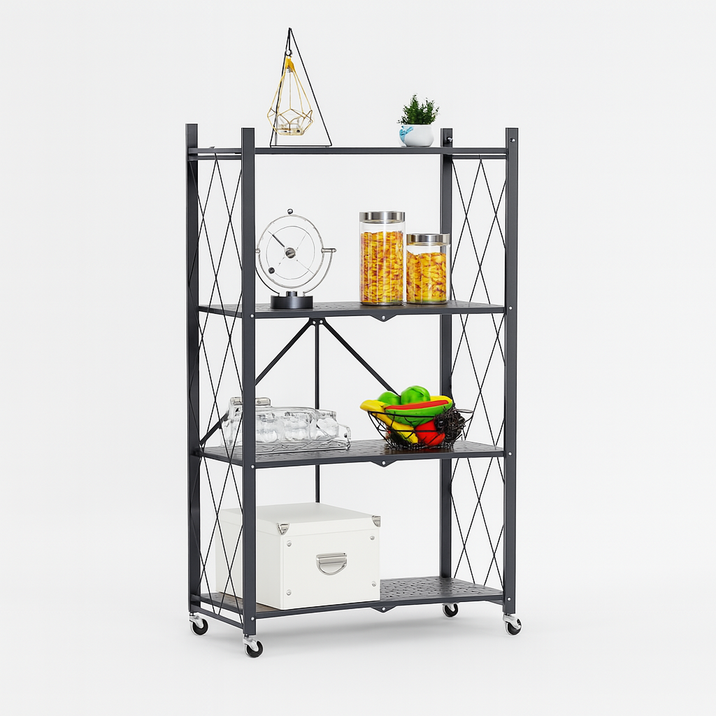 Carrello Portaoggetti Pieghevole 4 Ripiani Salvaspazio in Metallo 4 Ruote Nero