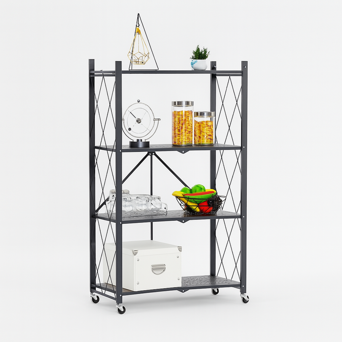 Carrello Portaoggetti Pieghevole 4 Ripiani Salvaspazio in Metallo 4 Ruote Nero