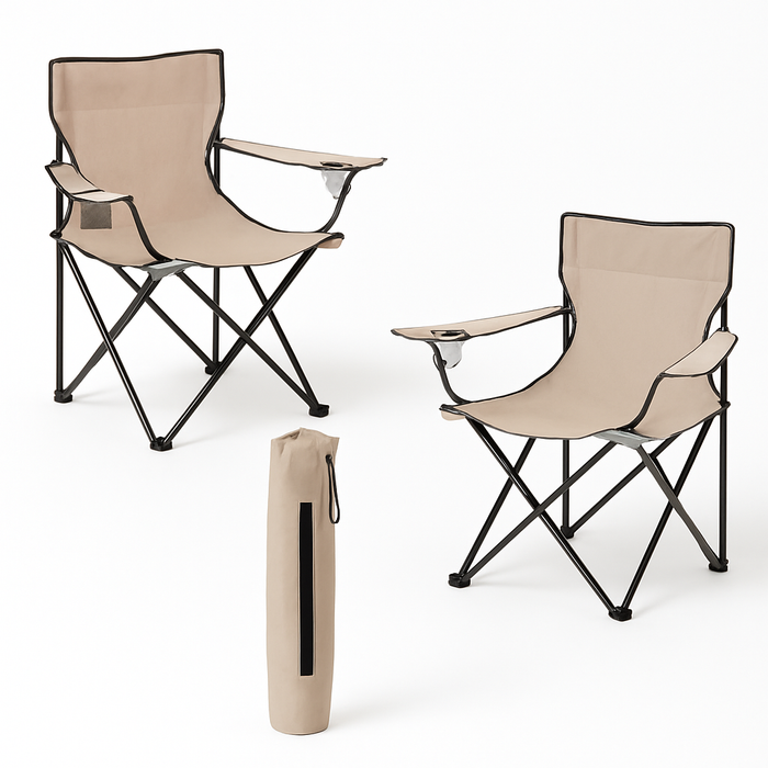 2pz Sedia Campeggio Portatile Pieghevole Telo Oxford Sacca con Maniglia H90cm Beige