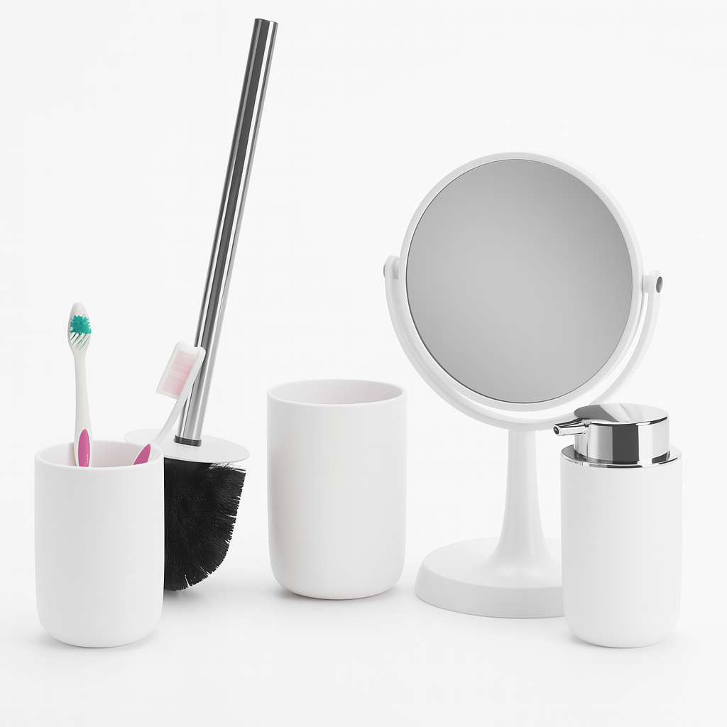 Accessori da Bagno 4pz Acciaio e Polipropilene Specchio PortaScopino Dosatore Bicchiere