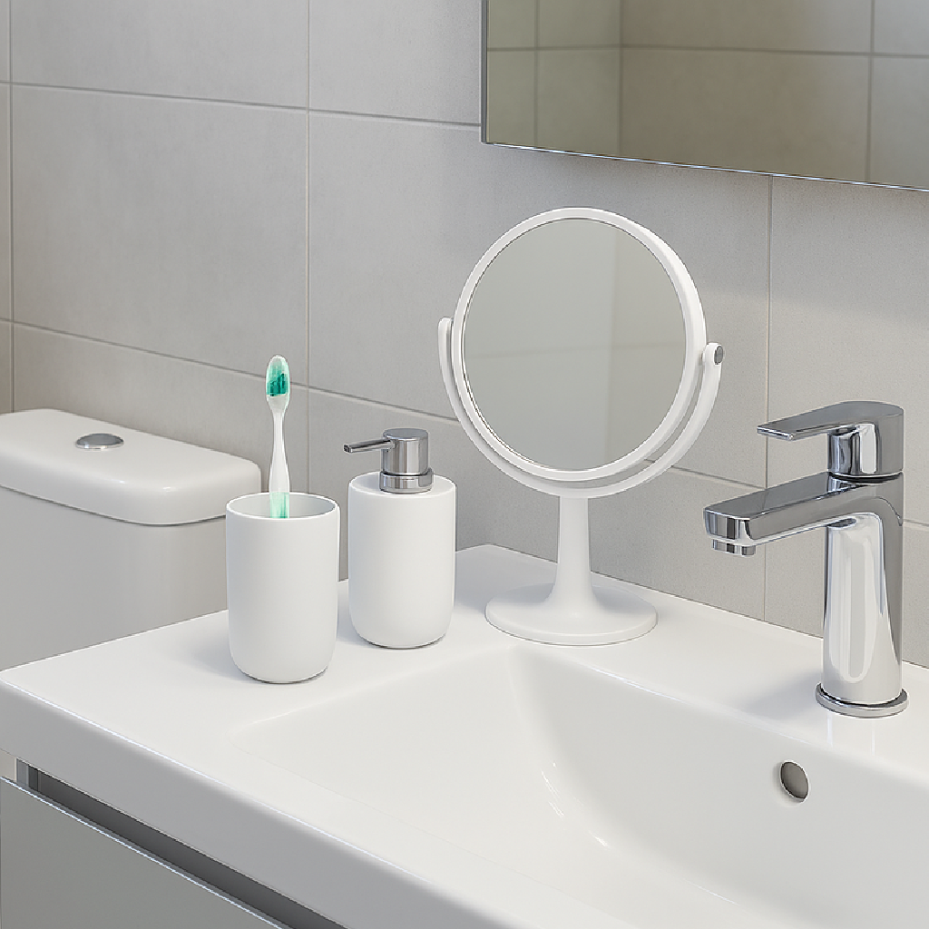 Accessori da Bagno 4pz Acciaio e Polipropilene Specchio PortaScopino Dosatore Bicchiere