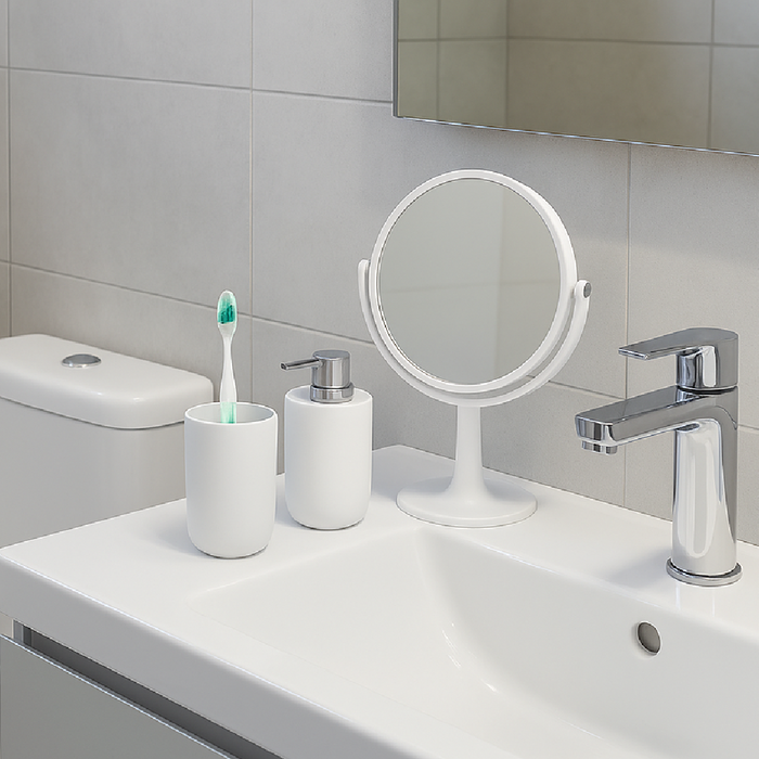 Accessori da Bagno 4pz Acciaio e Polipropilene Specchio PortaScopino Dosatore Bicchiere