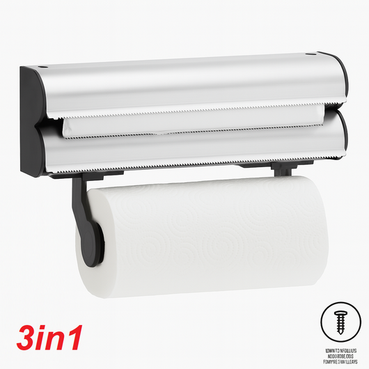 Porta Rotoli da Cucina 3in1 con Taglierino Acciaio da Parete Carta Pellicola Alluminio