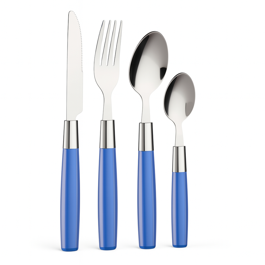 Kit 16 Posate Acciaio Manico Blu con Supporto Scolaposate Design Moderno