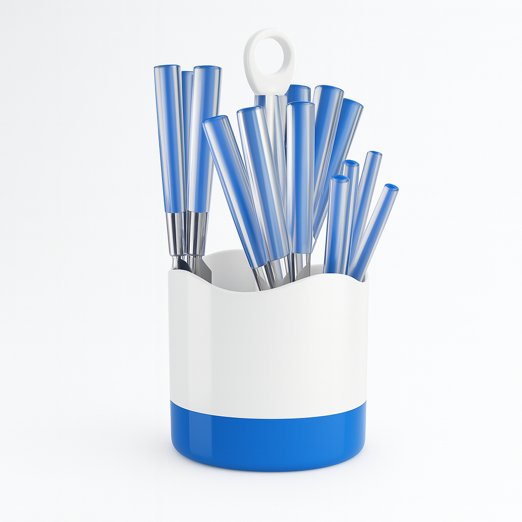 Kit 16 Posate Acciaio Manico Blu con Supporto Scolaposate Design Moderno