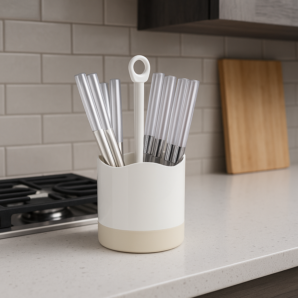 Kit 16 Posate Acciaio Manico Grigio con Supporto Scolaposate Design Moderno