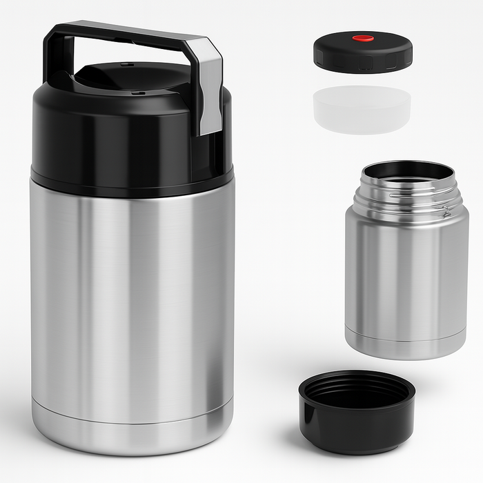 Thermos Porta Pranzo Acciaio Inox 1 Litro con Maniglia Tappo a Vite e Valvola
