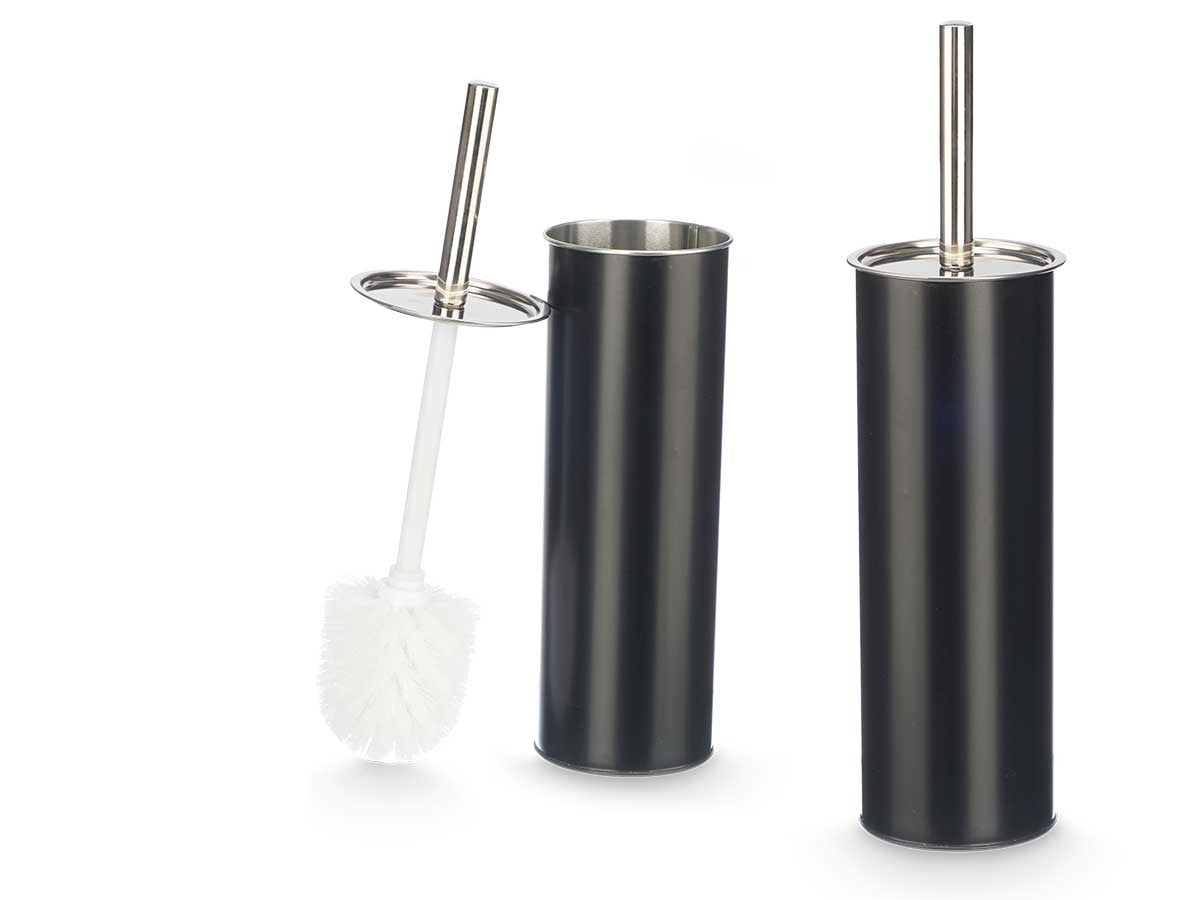 Porta Scopino WC Metallo e Acciaio H 37,5 cm con Spazzolone Setole Dure Nero