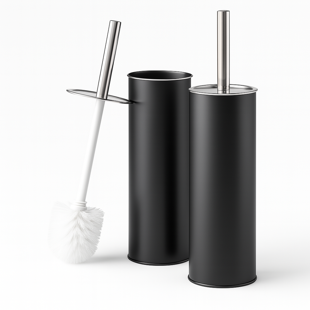 Porta Scopino WC Metallo e Acciaio H 37,5 cm con Spazzolone Setole Dure Nero