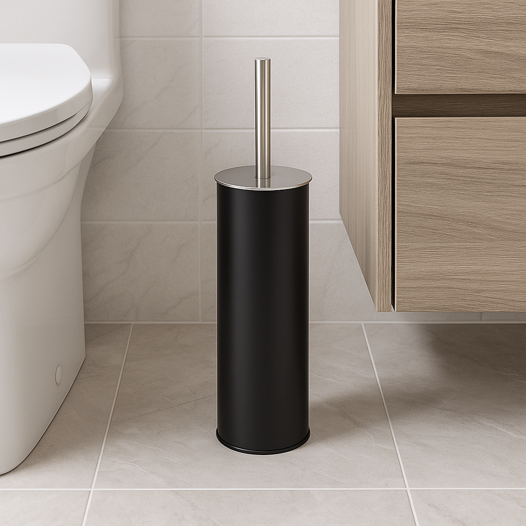 Porta Scopino WC Metallo e Acciaio H 37,5 cm con Spazzolone Setole Dure Nero