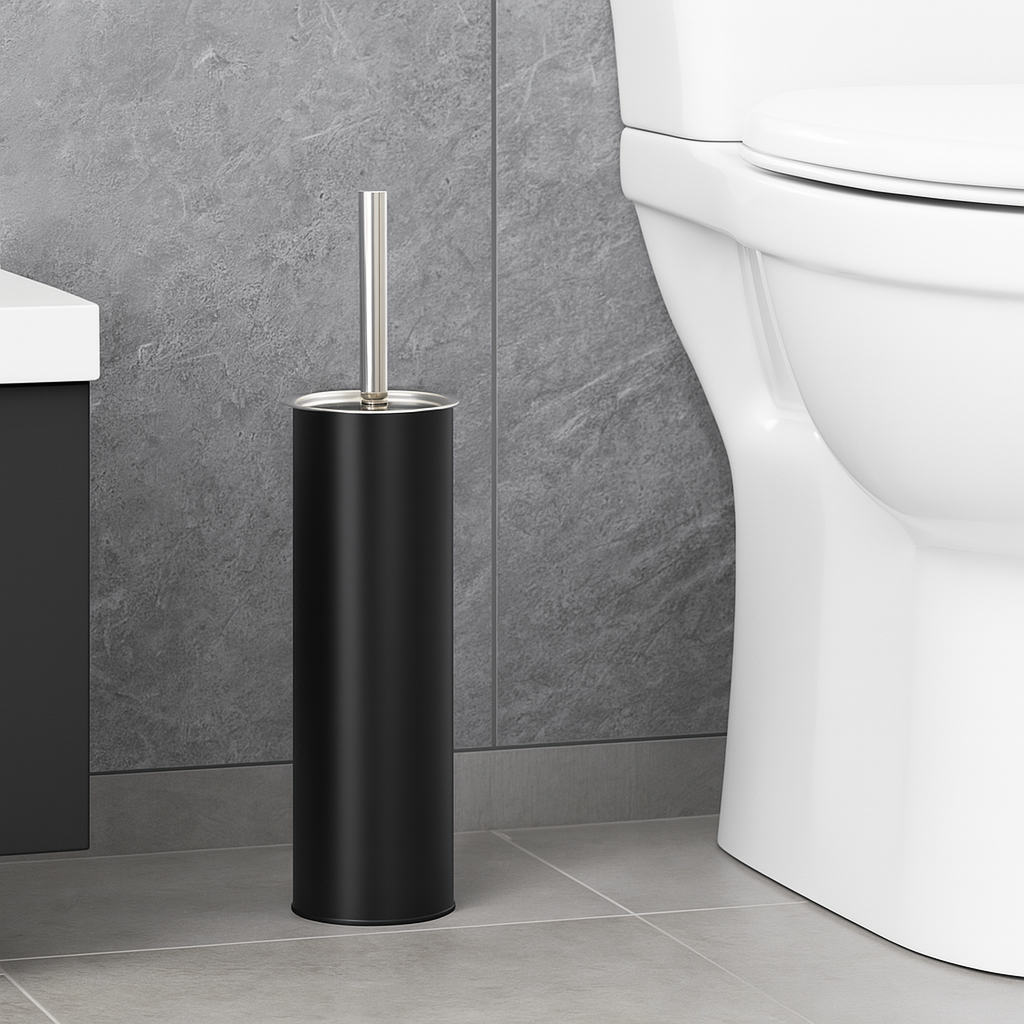 Porta Scopino WC Metallo e Acciaio H 37,5 cm con Spazzolone Setole Dure Nero