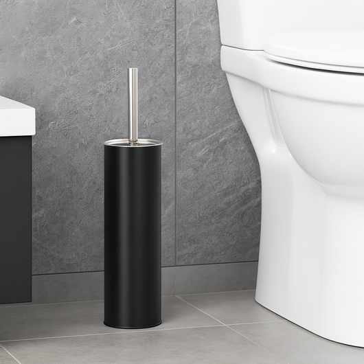 Porta Scopino WC Metallo e Acciaio H 37,5 cm con Spazzolone Setole Dure Nero