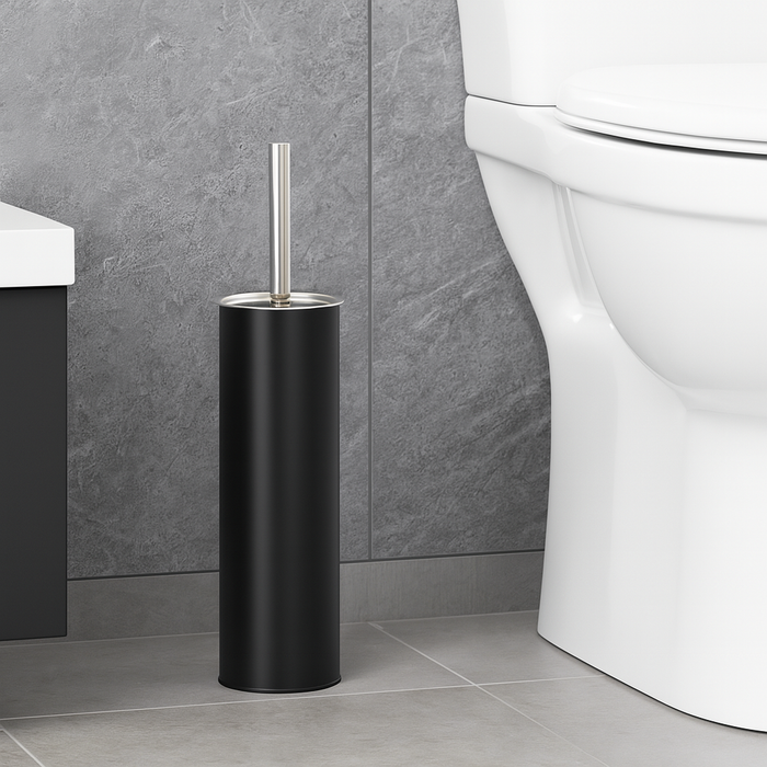 Porta Scopino WC Metallo e Acciaio H 37,5 cm con Spazzolone Setole Dure Nero