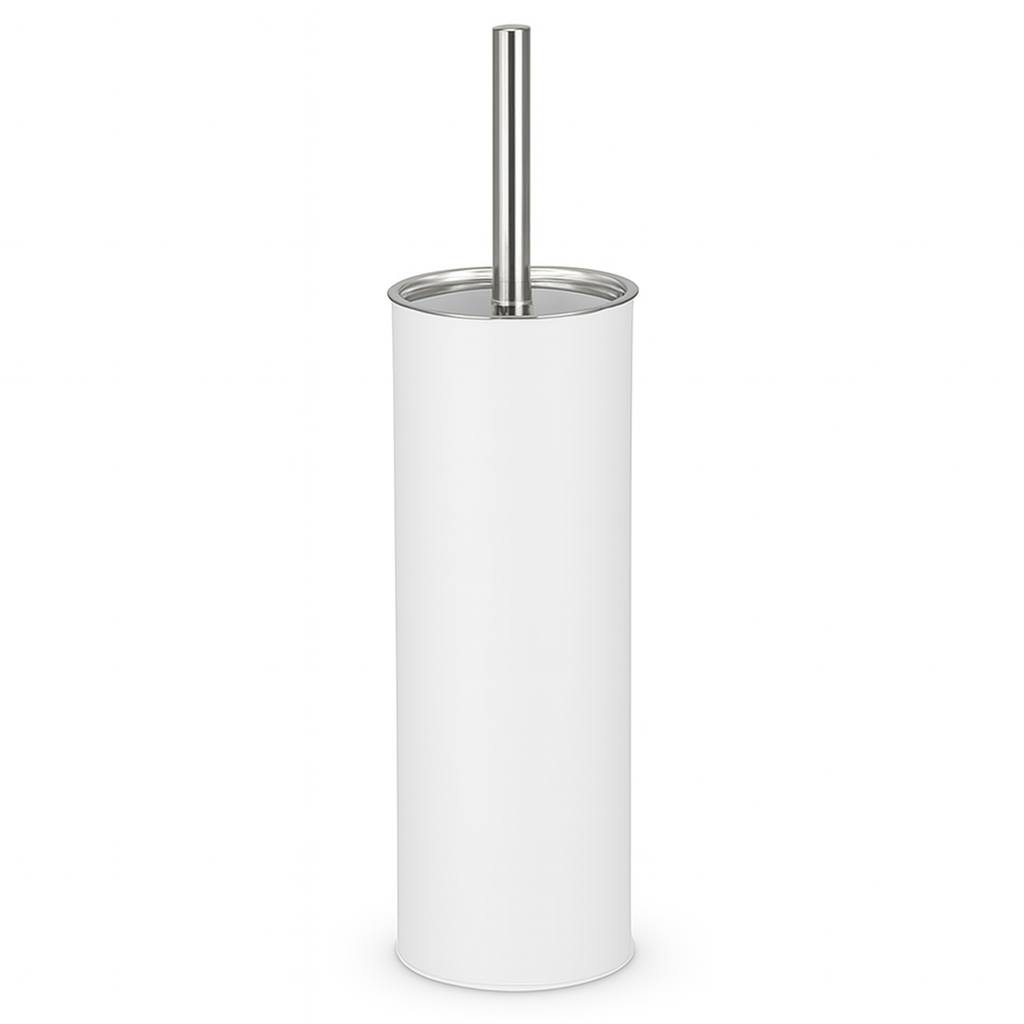 Porta Scopino WC Metallo e Acciaio H 37,5 cm con Spazzolone Setole Dure Bianco