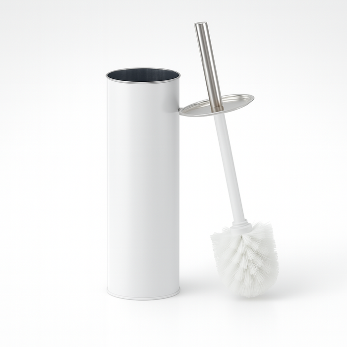 Porta Scopino WC Metallo e Acciaio H 37,5 cm con Spazzolone Setole Dure Bianco