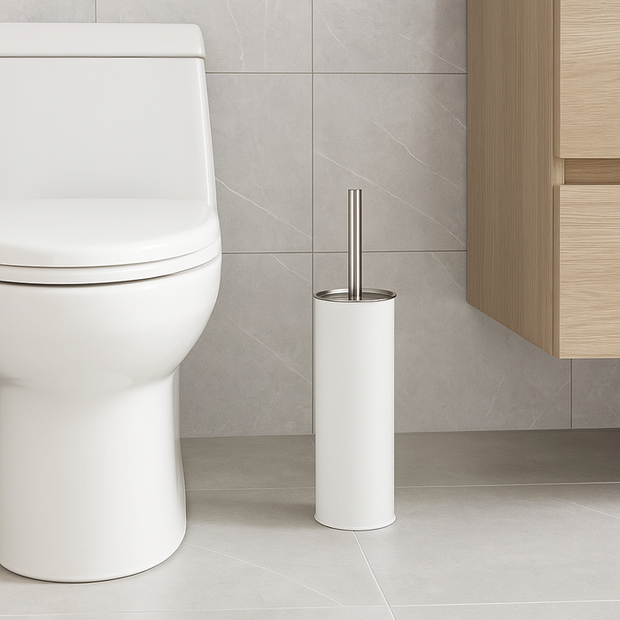 Porta Scopino WC Metallo e Acciaio H 37,5 cm con Spazzolone Setole Dure Bianco