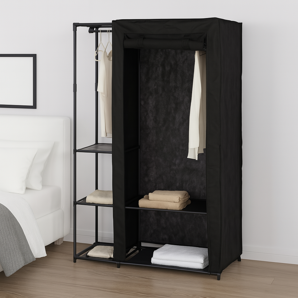 Armadio Doppio Salvaspazio Metallo e Tessuto TNT Appendiabiti 105x43x172cm Nero