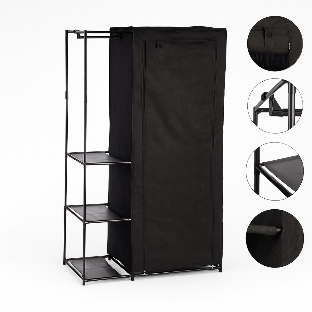 Armadio Doppio Salvaspazio Metallo e Tessuto TNT Appendiabiti 105x43x172cm Nero