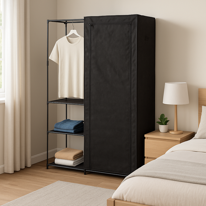 Armadio Doppio Salvaspazio Metallo e Tessuto TNT Appendiabiti 105x43x172cm Nero